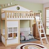 EINHOM Kinderbett 90x200 cm, Etagenbett mit Dach und Fenster, Bodenbett mit Fallschutz und Gitter, Frei Gestaltetes Unterbett, Rahmen aus Kiefer, Kiefer+MDF, Weiß+Natur, Ohne Matratze