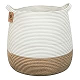 Goodpick Wäschekorb Baumwolle Seil Korb Geflochten Aufbewahrungskorb für Spielzeug Decken im Kinderzimmer Deco Pflanzkorb Zuhause Weiß und Jute, O38 x U46 x H41 cm