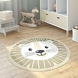 Paco Home Kinderteppich Teppich Kinderzimmer Rund Spielmatte Babymatte Mond Koala Löwenkopf, Grösse:120 cm Rund, Farbe:Beige