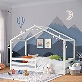 Bellabino Abia Kinderbett 90x200 cm – Hausbett mit Rausfallschutz & Lattenrost – Montessori Bodenbett aus Massivholz Kiefer – Kinder Bett in Weiß für Jungen und Mädchen