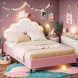NNXHWY Polsterbett Kinderbett 140x200 cm, Mädchenbett 140x200 cm mit LED, Prinzessinnenbetten, Doppelbett Jugendbett Bettgestell mit Lattenrost und verstellbarem Kopfteil, Samt, Rosa (140 cm)