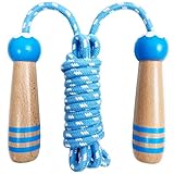 Springseil verstellbar mit Holzgriff und gewebter Baumwolle für Mädchen und Jungen, Springseil Erwachsene Fitness Übung Fettverbrennung Gym Training für Männer Frauen Kinder (blau)