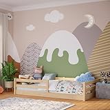 Bellabino Iskri Bodenbett 90x200 cm – Montessori Kinderbett mit Rausfallschutz & Lattenrost – Holzbett für Jungen & Mädchen aus Kiefer Massivholz in Natur – Kleinkindbett