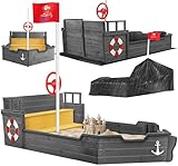KIDIZ® Sandkasten AHOI - Piratenschiff Boot Segelschiff aus Holz Inkl. Abdeckung, Bodenplane, Sitzbank, Flaggenmast, | Große Kinder Sandkiste für den Garten | Outdoor Sandbox Anthrazit