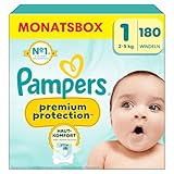 Pampers Premium Protection Größe 1, 180 Windeln, 2kg-5kg, Doppelter Schutz für die Haut und vor Auslaufen