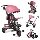 Baby Dreirad 6 In 1 Kinderdreirad Mit Schubstange, Kinderdreirad für 9 Monate Bis 5 Jahre Mit Umkehrbarem Sitz, Ausklappbarem Verdeck Mit Sonnenschutz, Kinderwagen Faltbar, Babyfahrrad (Rosa)