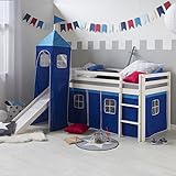 Homestyle4u 521, Kinderbett Hochbett 90x200 mit Rutsche Weiß Treppe Turm Vorhang Blau Bettgestell Holz Kiefer