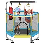 Trampolin Kinder, 150cm Kinder Trampolin Outdoor/Indoor, 200 kg mit Sicherheitsnetz, verbesserte Ringbeine mit Verstellbarer Turnstange, Geschenke für im Alter von 1 bis 8 Jahren Blau