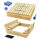 Sandkasten mit Deckel Sandbox 120x120 150x150 Sandkiste mit Sitzbänken Holz Spielzeug (120 x 120 cm)