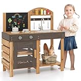 COSTWAY Matschküche Kinder Outdoor, Kinderküche Holz mit Tafel & Herden & Spüle, Spielküche mit Wasserhahn & Backofen, Outdoorküche inkl. Zubehör für Kinder ab 3 Jahren