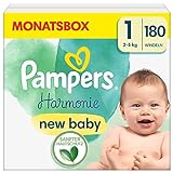 Pampers Baby Windeln Größe 1 (2-5 kg), Harmonie, 0% Kompromiss, 100% Absorption, Inhaltsstoffe pflanzlichen Ursprungs, hypoallergen, 180 Babywindeln