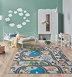 the carpet Happy Life Kinderzimmer, Kinderteppich, Spielteppich, Waschbar, Straßenteppich, Straße, Stadt, Auto, Grau, 80 x 150 cm