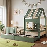 RIAZOS Kinderbett 90x200 cm, Holzbett mit 2 Schubladen, Hausbett mit Dach und Fenster, Bettgestell mit Lattenrost, für Mädchen Jungen, Grün, ohne Matratze