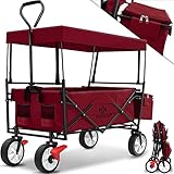KESSER® Bollerwagen faltbar mit Dach Handwagen Transportkarre Gerätewagen | inkl. 2 Netztaschen & Einer Außentasche | Mit Vorderrad-Bremse | klappbar | Vollgummi-Reifen | bis 100 kg Tragkraft Bordeaux