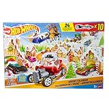 Hot Wheels Spielzeugautos und Spielset, Adventskalender 2025 mit 10 Fahrzeugen im Maßstab 1:64, 10 Clips zum Befestigen und 14 winterlichen Zubehörteilen, JCB47