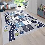 Paco Home Kinder-Teppich Für Kinderzimmer, Spiel-Teppich Mit Hüpfkästchen und Straßen rutschfest Grau, Grösse:120x160 cm