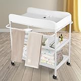 Klappbarer Wickelkommode mit Aufbewahrungskorb - Für das Neugeborene Kleidung und Windeln Wechseln - Tragbarer Wickeltisch mit 4 Räder, Höhenverstellbar, 25 kg Max (84 * 72 * 90cm, Weiß)