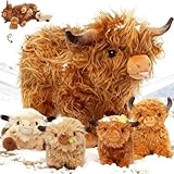 OUOZZZ 5 Stück Hochlandrind Kuh Kuscheltier Set, Weich Hochlandrind Plüschtier mit 4 Baby Stofftiere im Bauch - Baby Geburtstagsgeschenk für Mädchen Jungen Kinder