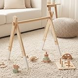 Holz Baby Spielbogen - Natürliches Holz Activity Archmit 5 abnehmbaren Sensorik Spielzeugen zum Greifen, Montessori Holz Spielbogen Wickeltisch für Babys ab 0+ Monaten - Baby Geschenk (Style A)