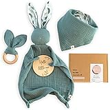 Mikito Baby Geschenk Junge & Mädchen/Neugeborenen Geschenk mit Musselin Schnuffeltuch + Beißring + Lätzchen + Baby Holzschild/Baby Set als Geschenk zur Geburt