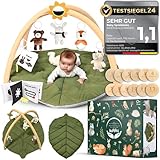 MEERWALD KINDER Spielbogen Baby - Premium Baby Spieldecke mit Bogen blattförmig mit 6 sensorischen Spielzeugen inkl. Meilensteinkarten Baby - Spielmatte Baby, Krabbelmatte, extra dicke Krabbeldecke