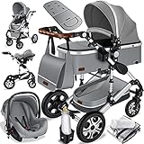 KESSER® Loops 3 in 1 Kinderwagen Kombikinderwagen komplettset incl. Babywanne & Buggy Sportsitz & Auto-Babyschale - Voll-Gummireifen - Wickeltasche/Regenschutz/Kindertisch Set Grau/Silber