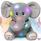 Hopearl LED-Plüschtier mit Musik, gefüllter Elefant, Leuchtend, verstellbare Lautstärke, Schlaflied, animiert, beruhigend, Geburtstagsfest, für Kinder, Kleinkinder, Mädchen, Grau, 28 cm