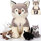 Honoson 5 Stück Wolf Kuscheltiere Set 35 cm Mama Wolf Plüschtier mit 4 Süßen Baby Wölfen Stofftieren in Ihrem Bauch mit Reißverschluss für Jungen Mädchen Geburtstag Party Geschenke (Süß)