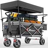 TRESKO® Bollerwagen Faltbar mit Dach, Kühlfach & Seitenrollos | Handwagen max. belastbar bis 150kg | Transportwagen mit Vollgummireifen & Feststellbremsen (Vorne & Hinten) und 3-Punkt-Gurt (Schwarz)