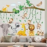 Wandtattoo Dschungel Tiere Baum Reben Wandsticker Kinderzimmer Tierische Party Wandaufkleber Elefant Giraffe Löwe Affe Zebra Eule für Jungen Mädchen Babyzimmer Schlafzimmer Wanddeko