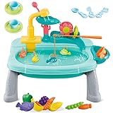 Kinderwaschbecken Spielküche Waschbecken Spülmaschinen-Spielspielzeug mit verbessertem Wasserhahn, Rollenspiel-Spielzeug für Kinder, Pool, schwimmendes Angelspielzeug für Wasserspiele(Green)