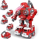 Auto Spielzeug, GizmoVine DIY 5 in 1 Feuerwehrauto Mit Lichtern und Tönen, Roboter Baukasten Konstruktions Spielzeug für 4 5 6 7 8 Jahren Jungen
