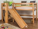 Kinderbett Hochbett Samuel Buche Vollholz massiv mit Rutsche natur inkl. Rollrost - 90 x 200 cm