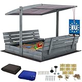 KOTARBAU® Sandkasten mit Dach - 140 x 140 cm - Holz Sandkasten mit Abdeckung & Sitzbänken - Sandkiste - Gartenspielzeug für Kinder - mit Deckel & Sonnenschutz in Grau - Holz - Grau
