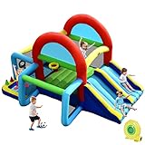 COSTWAY Hüpfburg mit Gebläse, Doppelrutschen, Sprungbereich, Kletterwand, Bällebad, Fußballtor, Basketballkorb, Zielspiel & Ringwurf, Outdoor Hüpfschloss für Kinder, 424 x 300 x 240 cm