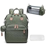 SONARIN Multifunktional Baby Wickelrucksack Wickeltasche mit Faltbarem Babybett,Tragbare Wasserdicht Wickeltasche Rucksack Kinderwagentasche mit Matte,Schnullertasche & USB-Anschluss(Armeegrün)