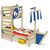 WICKEY Abenteuer-Bett CrAzY Bounty Kinderbett 90x200 Spielbett für Kinder mit Lattenboden, Spielpodest und Schiffanbau, blau