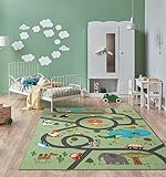 the carpet Happy Life Kinderzimmer, Kinderteppich, Spielteppich, Waschbar, Straßenteppich, Straße, Dschungel, Tiere, Auto, Grün, 120 x 160 cm