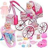 deAO Puppenwagen Set mit Babypuppe 30cm, Kinderwagen Höhe 51cm Puppen Buggy mit Hochstuhl, Tasche, Töpfchen, Spielgeschirr, Kleidung & Zubehör Rollenspiel Geschenk ab 3 Jahre für Mädchen