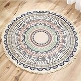 Lanqinglv Teppich Rund 120cm Böhmisch Baumwolle Leinen Teppiche 120 Handgemachte Weben Indien Mandala Muster Bunt Runder Teppich mit Quaste für Kinderzimmer Wohnzimmer Küche Fußmatte