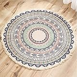 Lanqinglv Teppich Rund 120cm Böhmisch Baumwolle Leinen Teppiche 120 Handgemachte Weben Indien Mandala Muster Bunt Runder Teppich mit Quaste für Kinderzimmer Wohnzimmer Küche Fußmatte