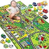 JOYIN Teppich Kinderzimmer 80x150cm mit 12 Mini Auto Spielzeug für Kinder ab 3 Jahren, Spielteppich Straße Kinderteppich, Autoteppich Junge Mädchen für Schlafzimmer & Spielzimme