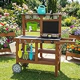 Kinderküche Outdoor Spielküche Gartenspielküche Matschküche Kinder Outdoor Mit Rädern, Wasserkocher, Spüle, Holzpflanzenbehälter (Braun)