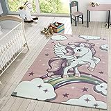 TT Home Kinder Teppich Moderner Spielteppich Einhorn Sternen Design Mit Wolken Rosa, Größe:120x170 cm
