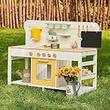 Giant bean Matschküche Kinder Outdoor 3-8, Deluxe Holz Spielzeugspiel Küchenset Outdoor Gartenküche Fun, Outdoorküche aus Tannenholz mit abnehmbarem Waschbecken & Wassertank & Herd