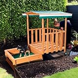 Melko Sandkasten mit Spielveranda, Abdeckung und Sonnenschutz für Kinder, aus Holz, 182 x 100 x 140, Sandbox mit Geländer, Dach grün weiß