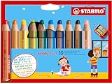 STABILO - Buntstift, Wasserfarbe & Wachsmalkreide - woody 3 in 1-10er Pack mit Spitzer - mit 10 verschiedenen Farben