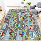 Capslpad Autoteppich Kinder 150x200cm Rutschfest Kinderteppich Stadtplan Interaktive Spielteppich Waschbar Kreativ Pädagogisch Spielmatte für Kinder Teenager Kinderzimmer Spielzimmer Dekor,Pastellblau