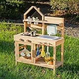 ROBOTIME Kinder Matschküche aus Holz mit Spüle, Tafel, Herd, Wasserhahn, Kochgeschirr & Stauraum – Outdoor Spielküche für Jungen & Mädchen ab 3 Jahren