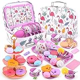 Teeservice Kinder Spielzeug Tragekoffer Teeparty Rollenspiel für kleine Mädchen Zinn Teeservice Set fur 3 4 5 6 7 8 Jahre Kinder (Flamingo)